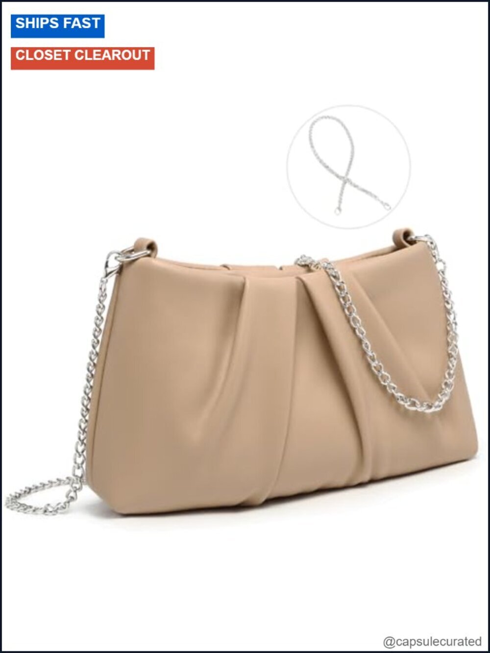 Elegant Pleated Evening Bag Soft Vegan Leather Clutch Purse with 2 Chain Straps